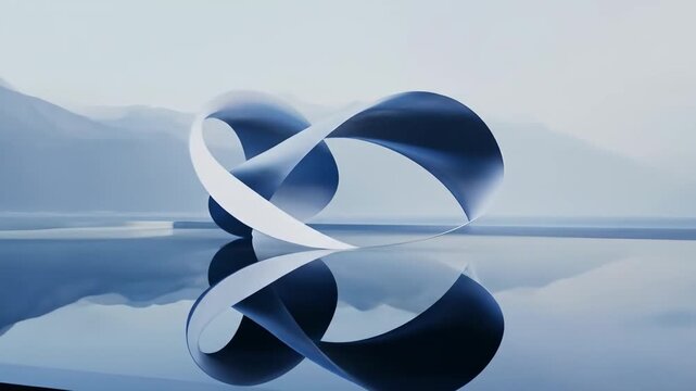Abstract mobius strip sculpture reflecting on calm waters against mountain backdrop