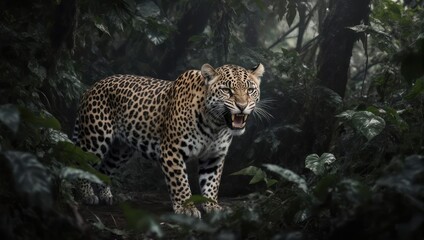 Fierce Leopard Snarling in a Dark Mysterious Jungle.