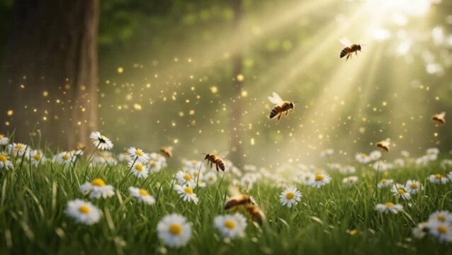 sunlit forest meadow with flying bees dreamy light spring nature serenity
