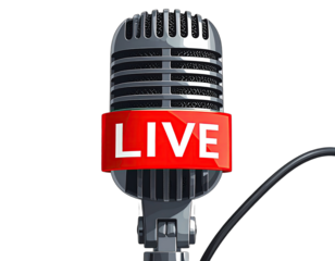 A close-up studio microphone, with "LIVE" in white text on a red banner. Black background