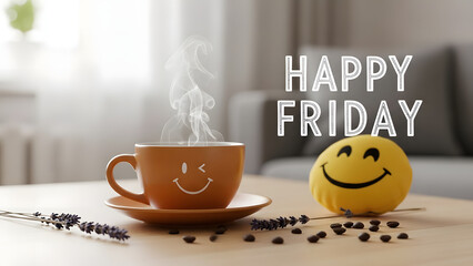 A steaming cup of coffee with a smiley face on a saucer, surrounded by coffee beans and a yellow smiley ball on a wooden table with a 'HAPPY FRIDAY' text in a cozy living room with a bright