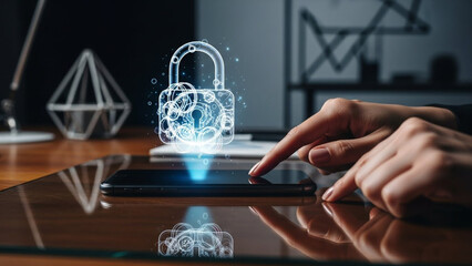 Advanced digital security and encryption concept with a hand interacting with a smartphone projecting a glowing, intricate padlock icon.