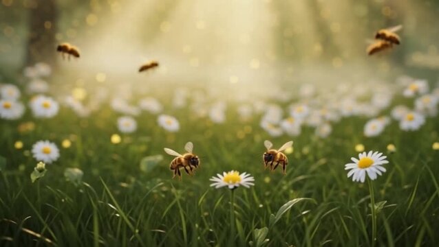 bees flying over daisy meadow glowing sunlight spring nature tranquil atmosphere
