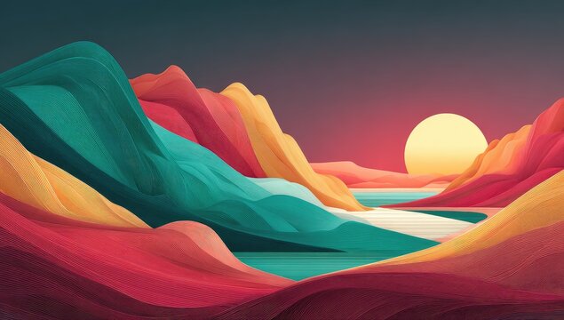 Colorful, stylized landscape with mountains and a lake at sunset
