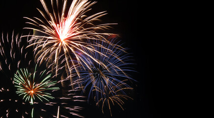 Fireworks display, fire work show for new year celebration. multi-color display of beautiful lights. 