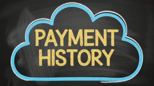 Financial concept of payment history illustrated by yellow text inside a blue and white chalk drawing of a cloud shape on a dark background board