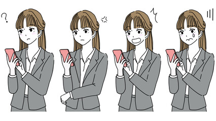 スマホを見ているスーツ姿の若い女性の表情セットのイラスト
