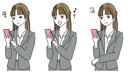 Illustration Set of Women's Facial Expressions While Looking at Their Smartphones: Expressionless, Happy, Troubled