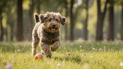 Playful puppy running through the grass in a sunny park with a ball.