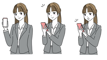 Illustration set of a woman smiling while looking at her smartphone screen