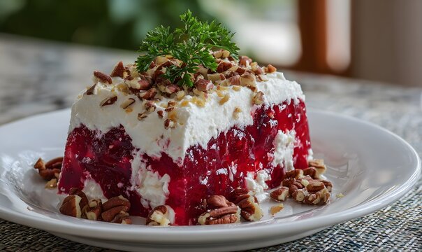  presenting a truly appetizing cranberry jello salad, bright red gelatin salad with crushed pineapple and whole cranberries, topped with a creamy, tangy layer of cream cheese and sour cream