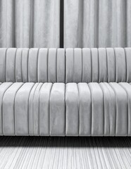 Obraz premium Elegant Gray Sofa with Vertical Pleats Against a Striped Wall.
