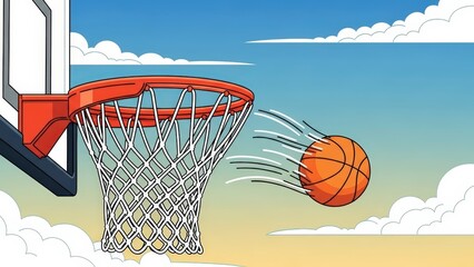 Basketball flying towards the hoop on a sunny day with clouds.