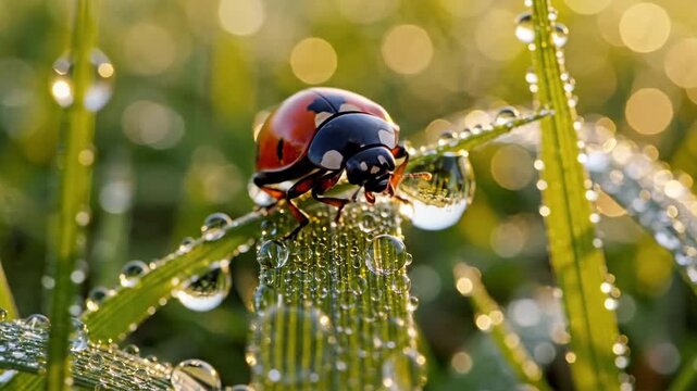 A solitary ladybug adorned with glistening dew drops navigates a vibrant green grass blade at sunrise