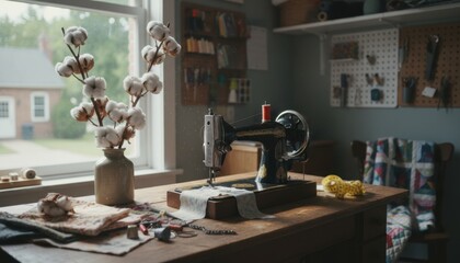 Antique Sewing Machine on Wooden Table with Cotton Stems in a Vase and Quilt in a Craft Room Setting