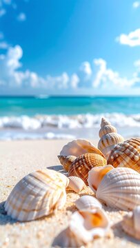 Seashells on a pristine white sand beach with turquoise ocean waves and a clear blue sky.