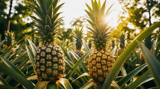 Abundant tropical pineapples with leafy crowns reaching skyward in a sunlit plantation field, showcasing nature's bounty.