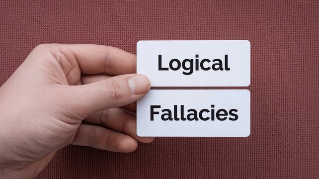Hand presenting white cards displaying the critical concepts of logical fallacies against a textured reddish background during a presentation or lesson.