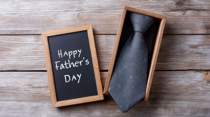 Gift box containing a stylish gray tie alongside a chalkboard sign wishing Happy Father's Day, set against a rustic wooden background for a heartfelt celebration