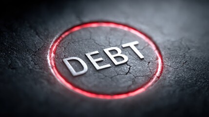 Metallic DEBT text cracking under pressure in the center, surrounded by a red glowing interest rate symbol, conveying financial tension and urgency