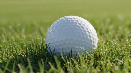 Obraz premium Close up of a white golf ball resting on lush green grass on a sunny day.