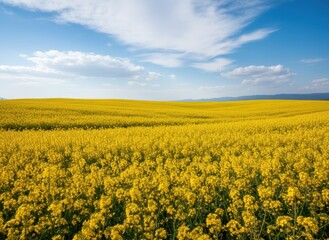Obraz premium Vast Yellow Canola Field Under a Bright Blue Sky with Fluffy White Clouds on a Sunny Day