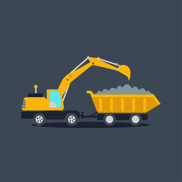 Excavator Loading Dump Truck with Gravel Illustration.