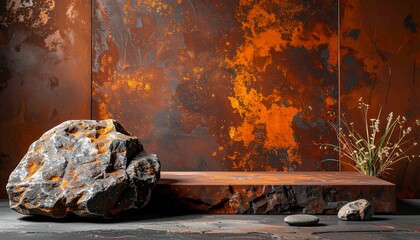Natural Stone Podium with Rustic Metal Background for Product Display.