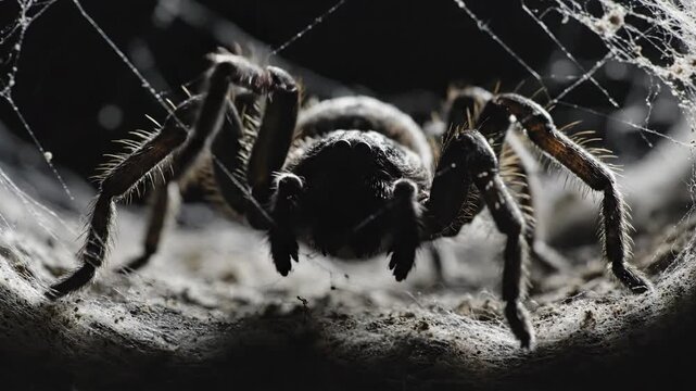 Aggressive hunting spider lurks in the shadows of its silken web, ready to ambush prey.