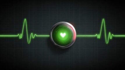 Cardiac monitor displays green waveform with pulsing electronic data, featuring shimmering indicator light and sleek design for medical technology
