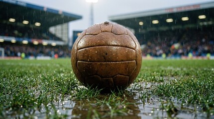 Football match preparation in 2026 with a wet ball on grass field in stadium during rainy weather