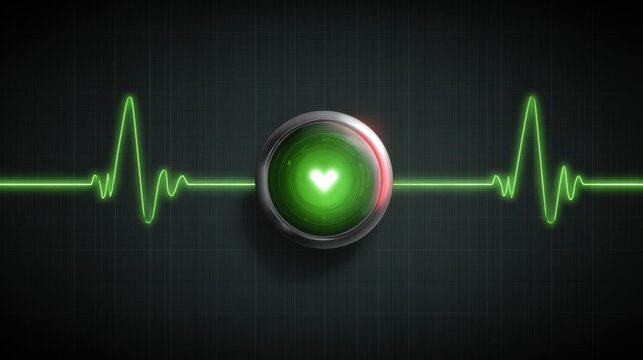 Cardiac monitor displays green waveform with pulsing electronic data, featuring shimmering indicator light and sleek design for medical technology - Powered by Adobe