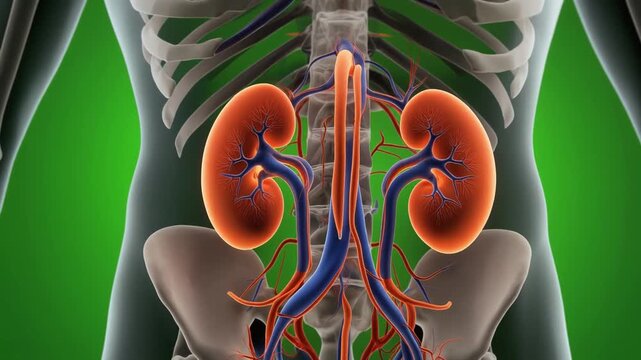 Detailed illustration of the human anatomy focusing on kidneys and urinary system against a green background.
