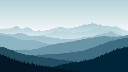 Layered mountain silhouettes in shades of blue create a peaceful landscape