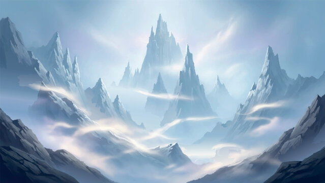 Mystical mountain peaks emerge from swirling mists and ethereal clouds