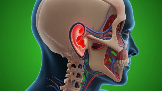 Human Ear Anatomy Side View with Skull and Blood Vessels on Green Background