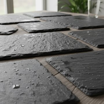 Natural Dark Slate Placemats Arranged on a Rustic Wooden Table with Water Droplets Reflecting Soft Natural Light creating an Elegant Dining Atmosphere