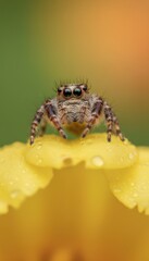 Close up Macro Shot Of A Small Jumping Spider With Green Eyes Covered In Water Droplets Sitting On A Vibrant Yellow Flower Petal With A Blurred Green And Orange Background