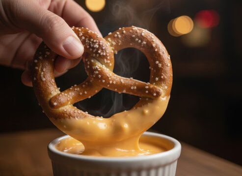 Hand Dipping Warm Salty Pretzel Into Creamy Golden Cheese Sauce With Steam Rising Against A Dark Bokeh Background