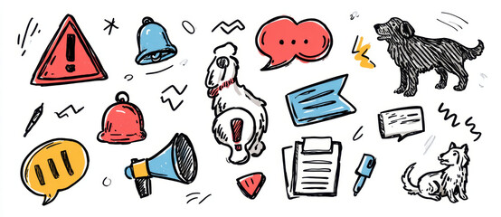 Hand drawn vector icons set for web design featuring warning signs, communication symbols, animals, and various doodles. This collection adds playful touch to any project