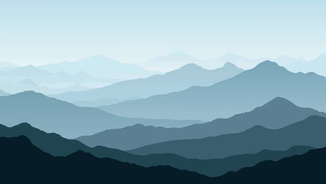 Layered mountain silhouettes in varying shades of blue and gray