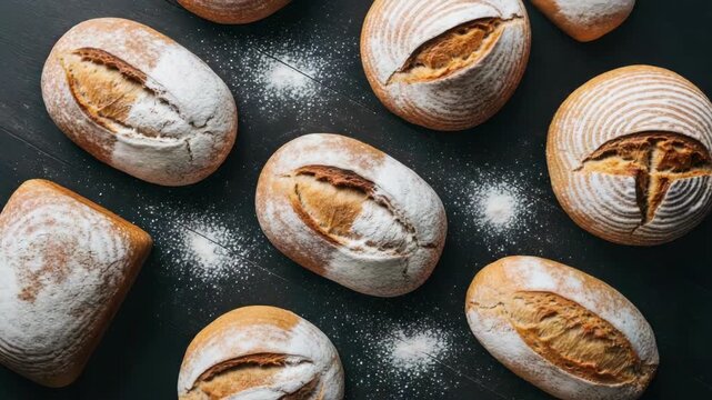 Artisan bread loaves overhead composition on dark surface