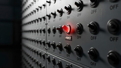 Red Power Button on a Panel of Toggle Switches in a Control Room.