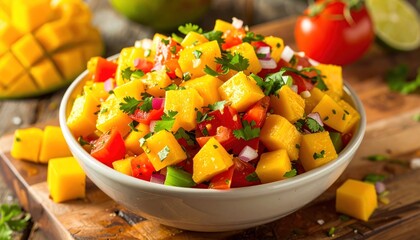 Fresh Mango Salsa in a Bowl on Wooden Board.