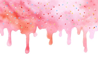 Soft watercolor illustration of pink icing dripping with sprinkles background