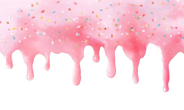 Soft watercolor illustration of pink icing dripping with sprinkles background