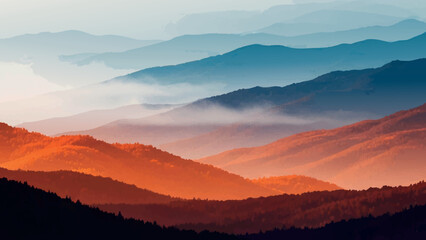 Obraz premium Sunrise over misty mountains