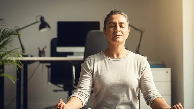 Meditating Woman in Modern Office Space for Relaxation and Mindfulness