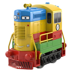 A happy smiling colorful cartoon toy train engine character