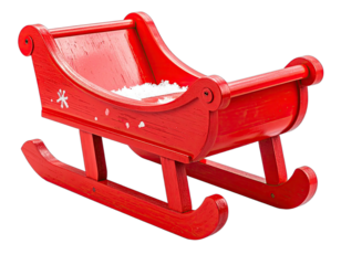 Wooden red sled with snow inside, resting on a transparent background, perfect for a holiday